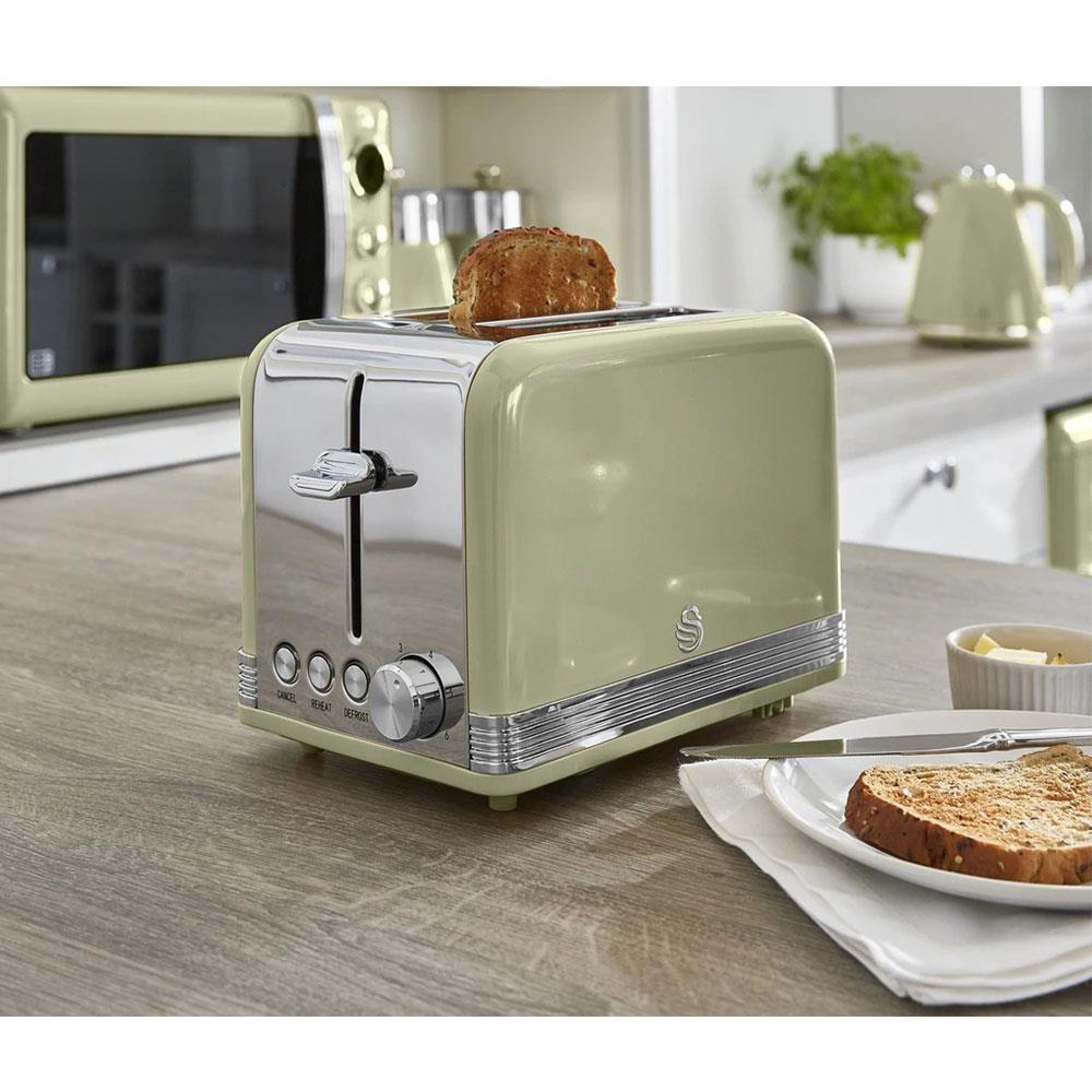 Swan Retro 2 Slice Toaster With Defrost Reheat And Cancel Functions Stainless Steel 815 W - Green