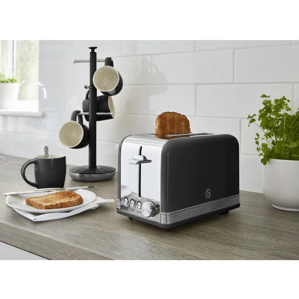 Swan Retro 2 Slice Toaster With Defrost Reheat And Cancel Functions Stainless Steel 815 W - Black