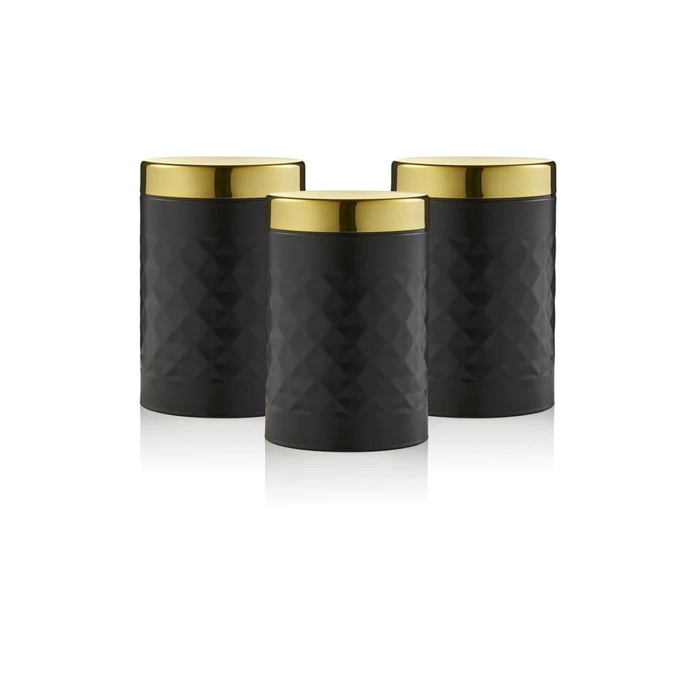 Swan Gatsby Tea Coffee Sugar Kitchen Canisters Carbon Steel And Gold Lid Set of 3 - Black Main image