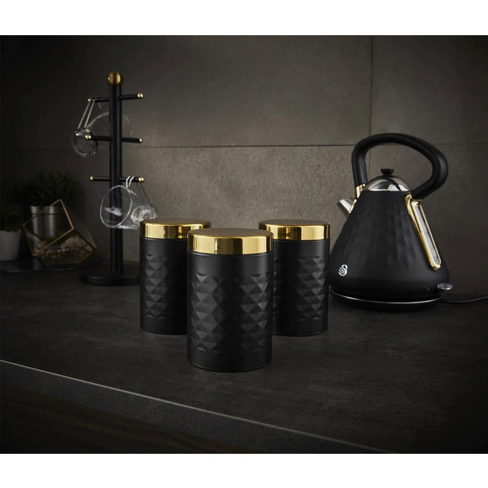 Swan Gatsby Tea Coffee Sugar Kitchen Canisters Carbon Steel And Gold Lid Set of 3 - Black