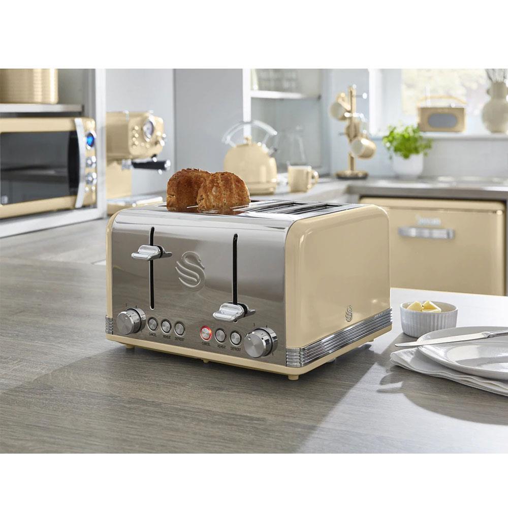 Swan Retro 4 Slice Toaster With Defrost Cancel And Reheat Functions 1600 W - Cream