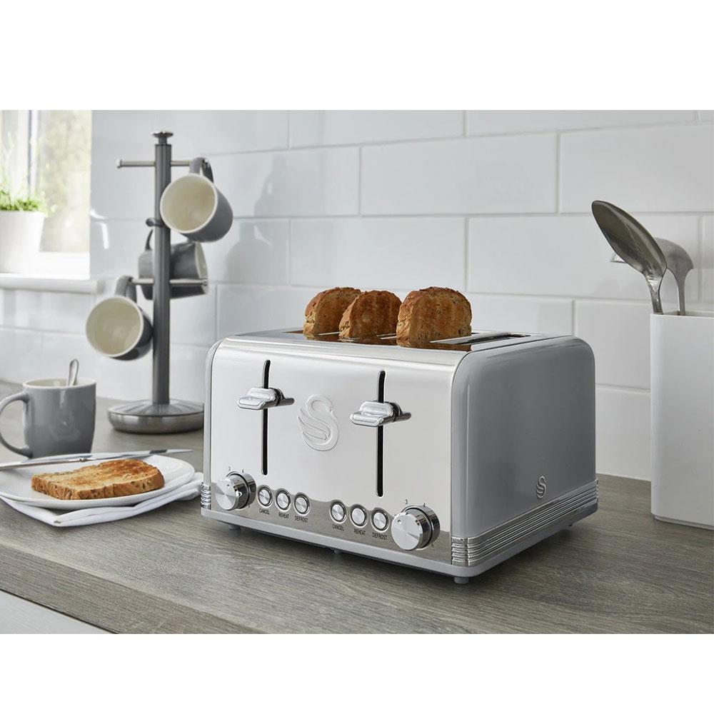 Swan Retro 4 Slice Toaster With Defrost Cancel And Reheat Functions 1600 W - Grey