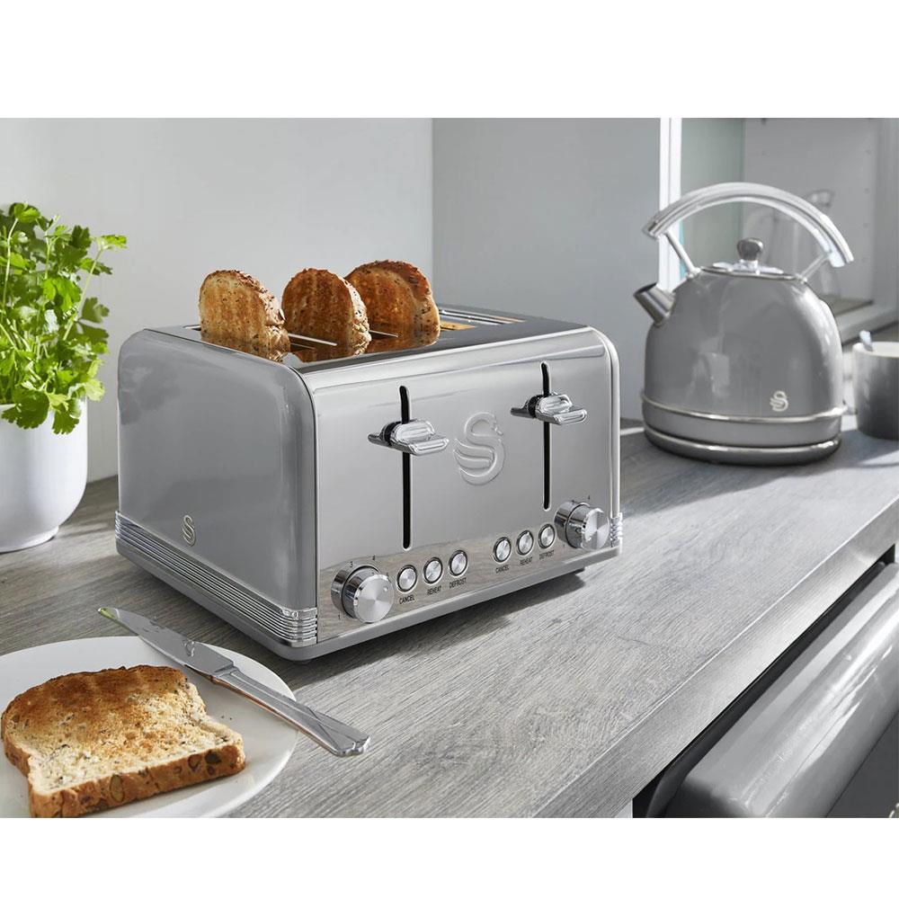 Swan Retro 4 Slice Toaster With Defrost Cancel And Reheat Functions 1600 W - Grey