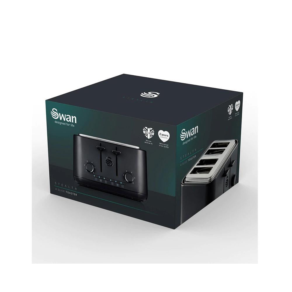 Swan Stealth 4 Slice Toaster With Defrost Reheat And Cancel Functions Stainless Steel 2000 W - Black