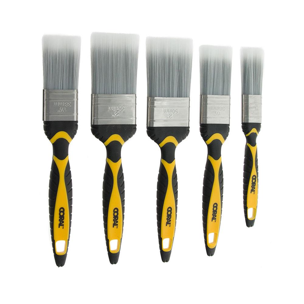 Coral Shurglide Paint Brushes With No Loss of Bristle SRT Paintbrush Heads 5 Piece Set - Yellow/Black