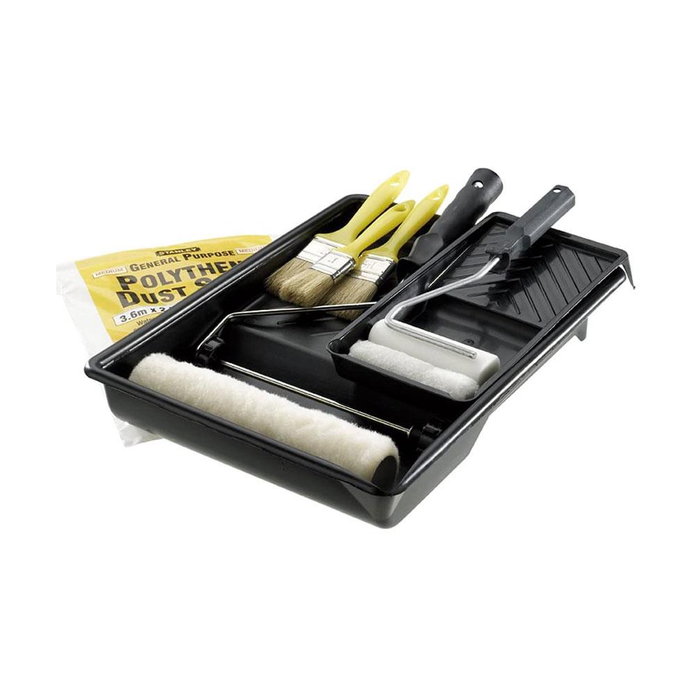 Stanley Painting And Decorating Tool Set Trays Rollers Brush Dust Sheet - 11 Piece Main image