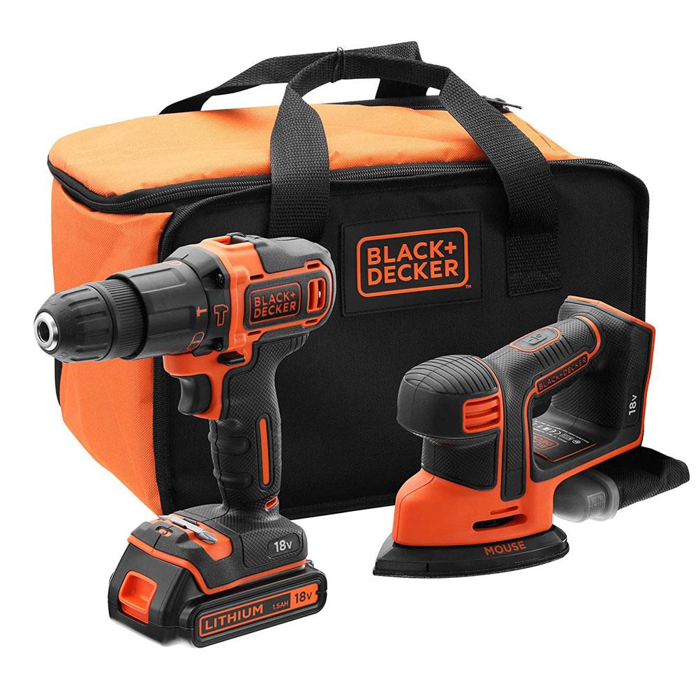 Black & Decker 18V Hammer Drill And Detail Sander Twin Kit With 1.5Ah Battery And 1A Charger In Soft Bag
