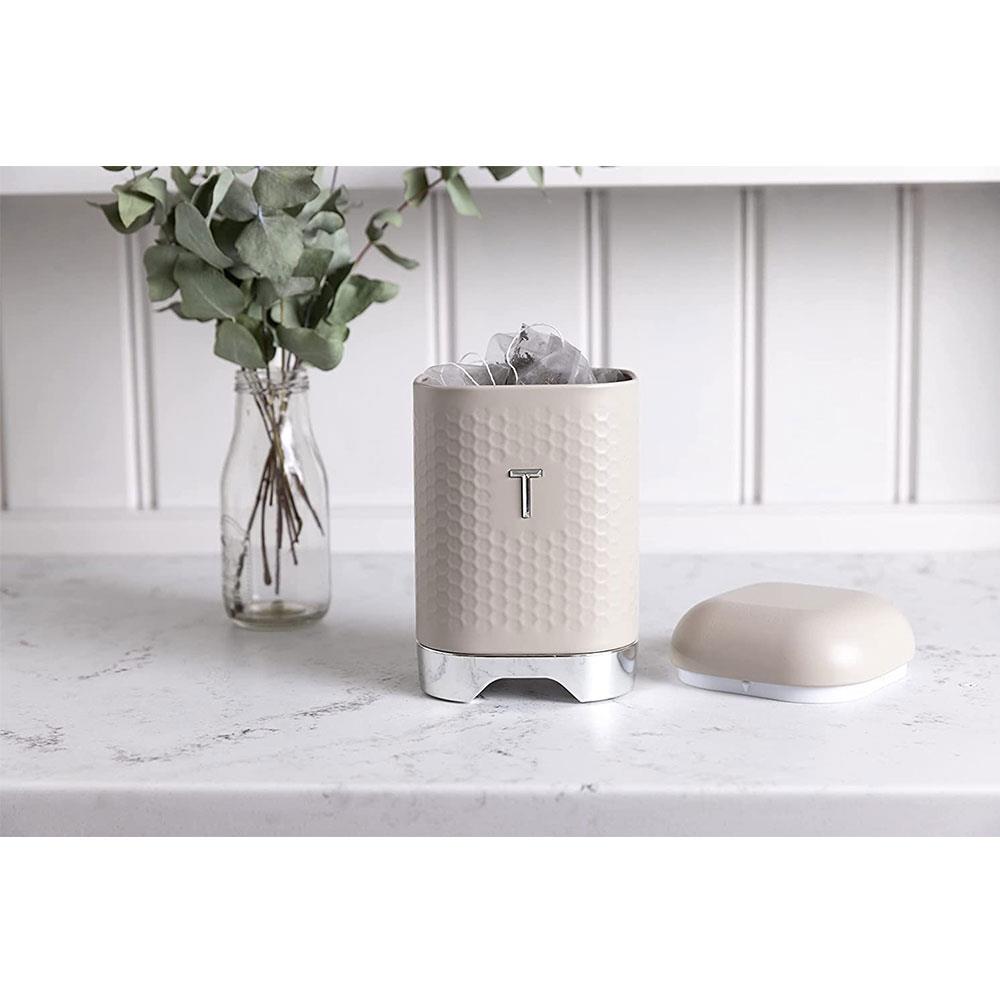 KitchenCraft Lovello Textured Tea Caddy Geo Metal 11.5 x 11.5 x 19.5cm - Latte Cream