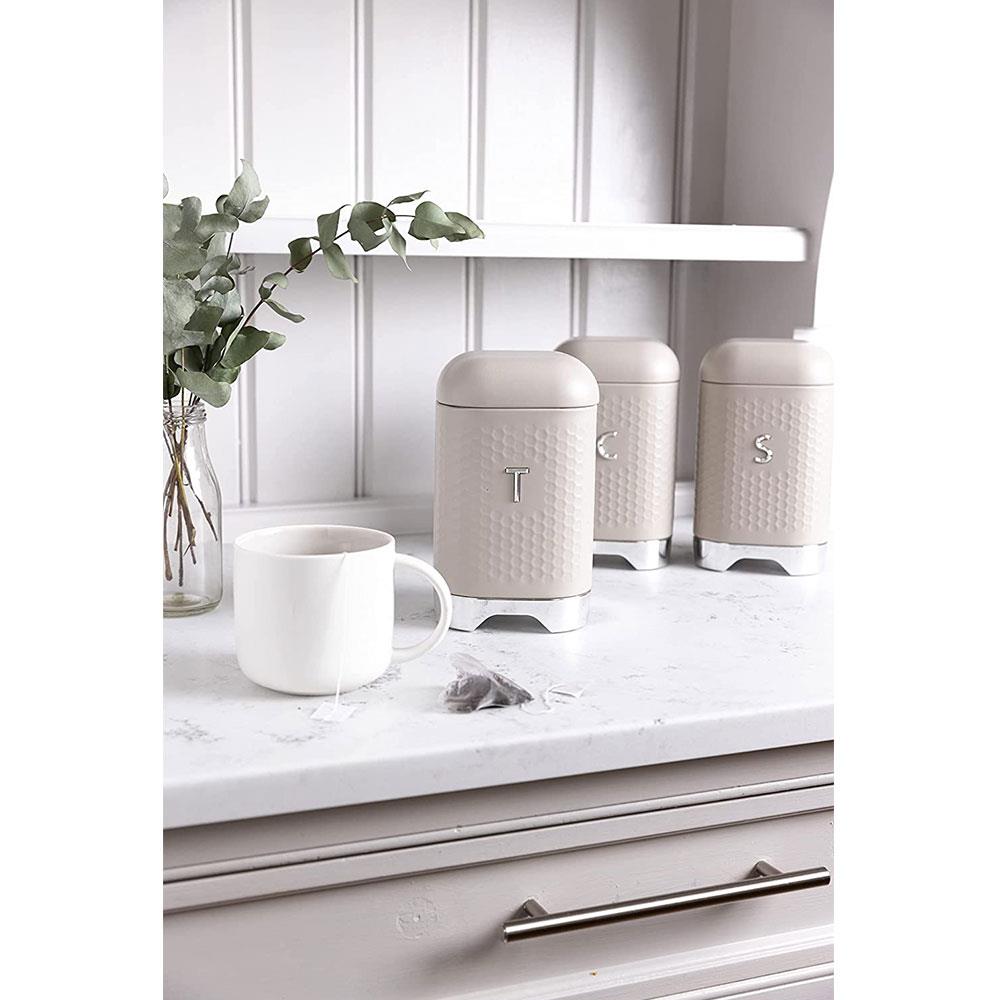 KitchenCraft Lovello Textured Tea Caddy Geo Metal 11.5 x 11.5 x 19.5cm - Latte Cream
