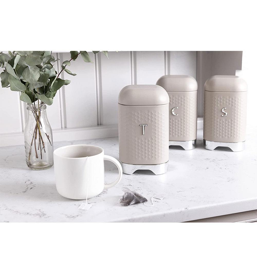 KitchenCraft Lovello Textured Tea Caddy Geo Metal 11.5 x 11.5 x 19.5cm - Latte Cream