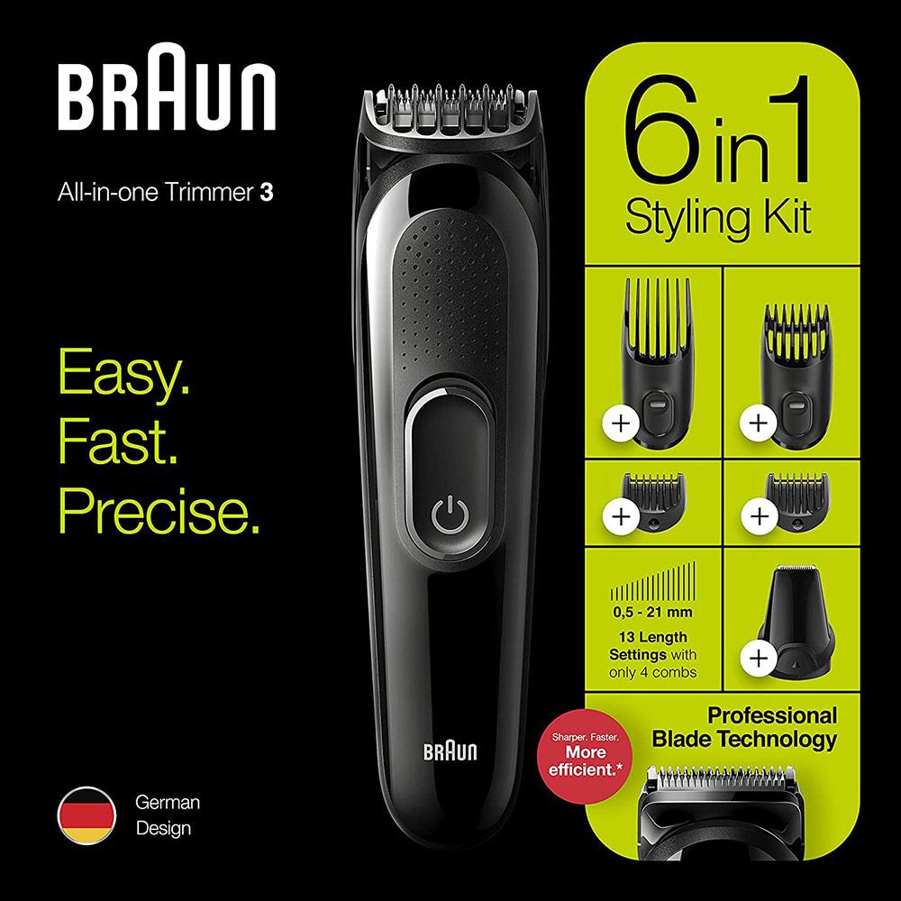 Braun All-In-One Trimmer 6-In-1 Grooming Kit For Beard Face And Hair Clippers 5 Attachments - Black