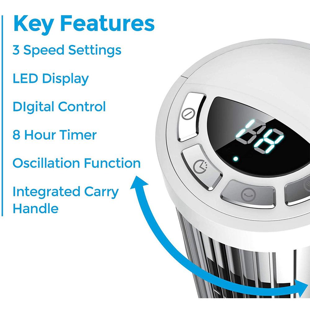 Igenix 12 Inch Digital Mini Tower Fan With 3 Fan Speed Settings Oscillation And 8 Hour Timer - White