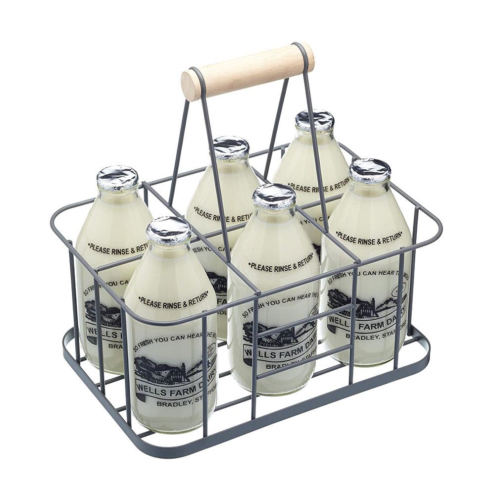 KitchenCraft Living Nostalgia Wire Metal Milk Crate Six Bottle Carrier - Grey