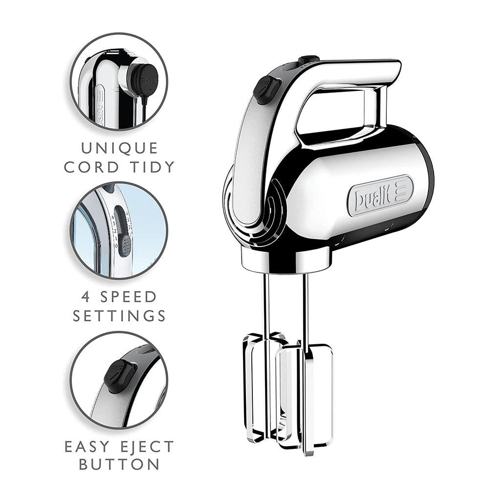Dualit Hand Mixer With Flat Beaters Dough Hooks And Whisk Attachments 4 Speed Settings 400W - Chrome