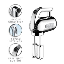 Dualit Hand Mixer With Flat Beaters Dough Hooks And Whisk Attachments 4 Speed Settings 400W - Chrome