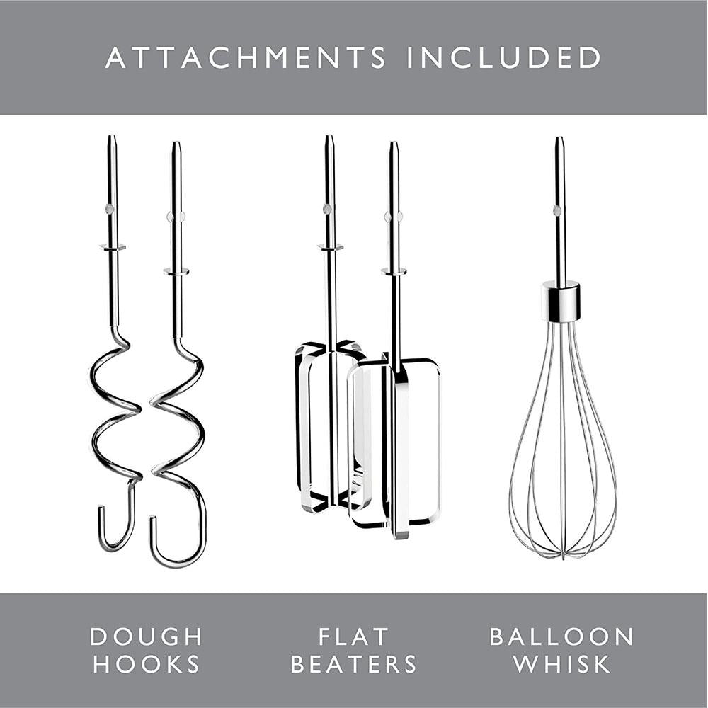 Dualit Hand Mixer With Flat Beaters Dough Hooks And Whisk Attachments 4 Speed Settings 400W - Chrome