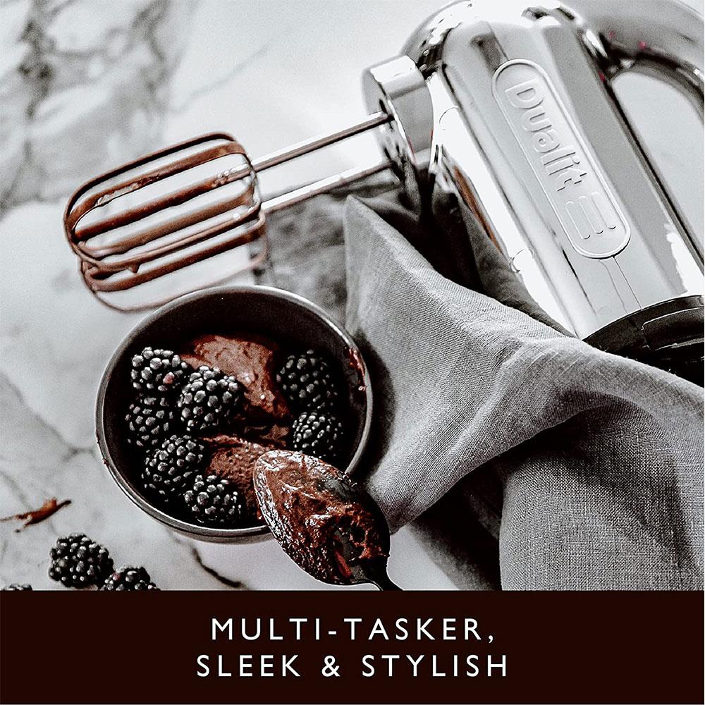 Dualit Hand Mixer With Flat Beaters Dough Hooks And Whisk Attachments 4 Speed Settings 400W - Chrome