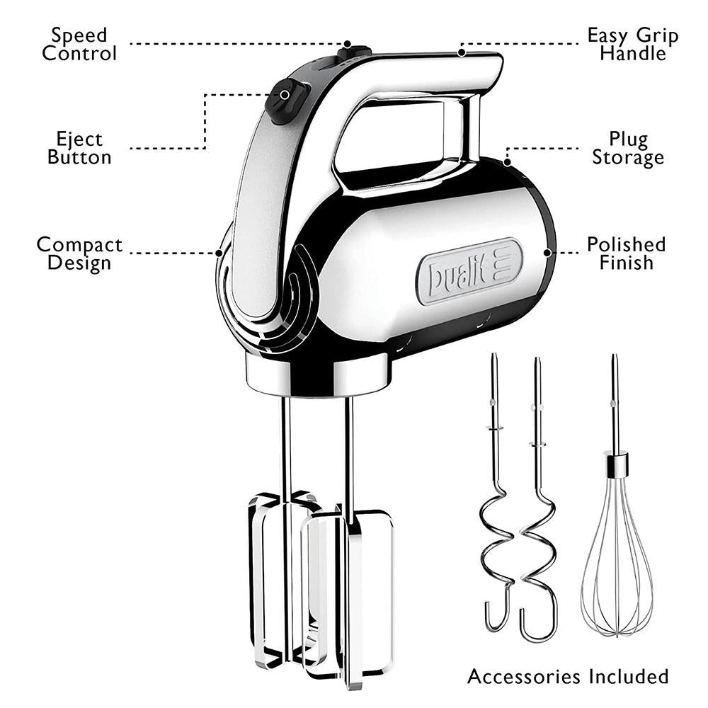 Dualit Hand Mixer With Flat Beaters Dough Hooks And Whisk Attachments 4 Speed Settings 400W - Chrome
