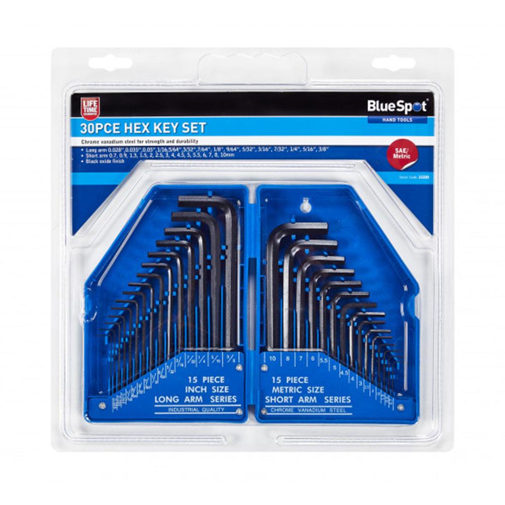 BlueSpot Metric And Imperial Chrome Vanadium Hex Key Set 0.7-10mm 0.028 Inch-3/8 Inch - 30 Piece