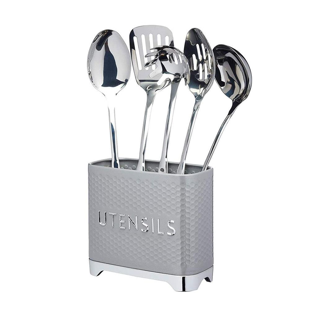 KitchenCraft Lovello Retro Utensil Holder With Geometric Textured Finish - Shadow Grey