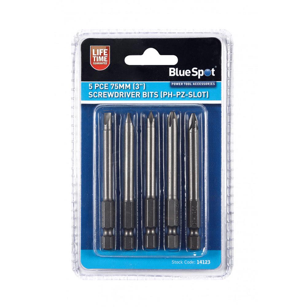 BlueSpot Screwdriver Bits 5 Piece Set 75mm Long PH1 PH2 PZ2 Slotted 5mm 6mm - Silver