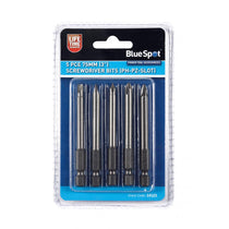 BlueSpot Screwdriver Bits 5 Piece Set 75mm Long PH1 PH2 PZ2 Slotted 5mm 6mm - Silver