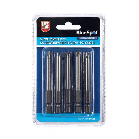 Blue Spot Tools 5 Piece 75mm Screwdriver Bit Set PH1 PH2 PZ2 5mm And 6mm Slotted Chrome Vanadium - product photo