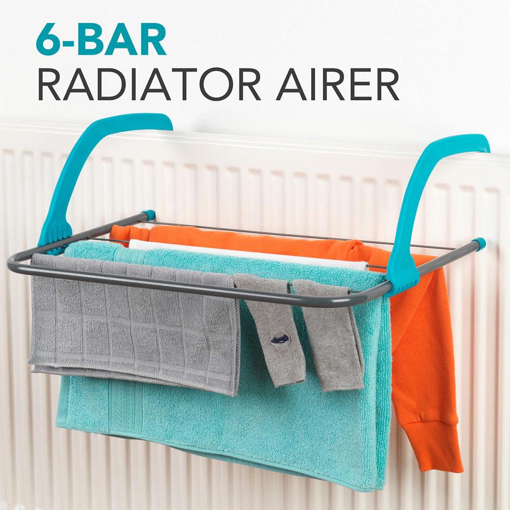 Beldray 6-Bar Radiator Attachable Airer For Hand Towels Or Clothes - Turquoise/Grey