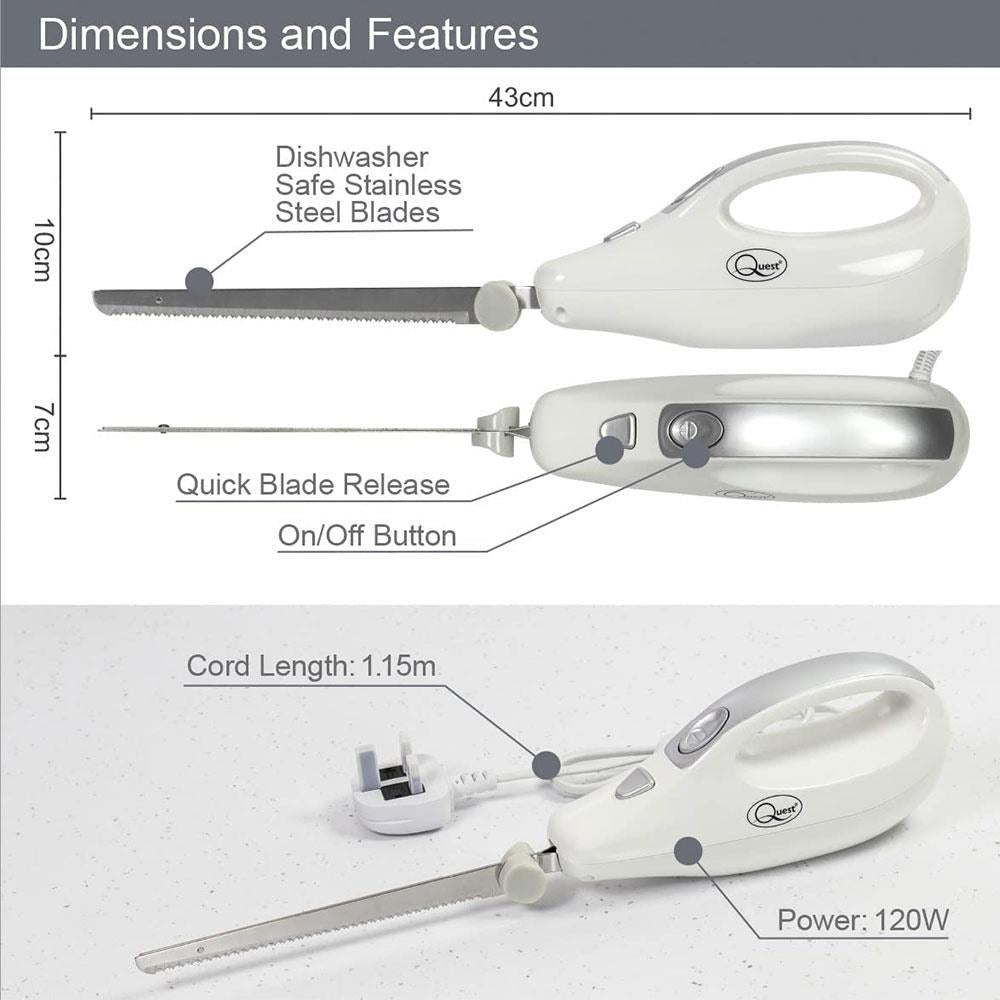 Quest Electric Serrated Carving Knife Stainless Steel Blade 120W - White