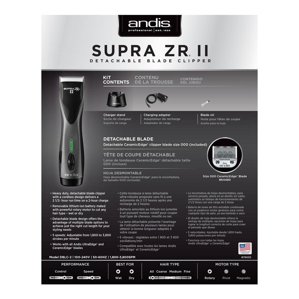 Andis Supra ZR II Cordless Detachable Blade Clipper Lithium-ion Battery - Black
