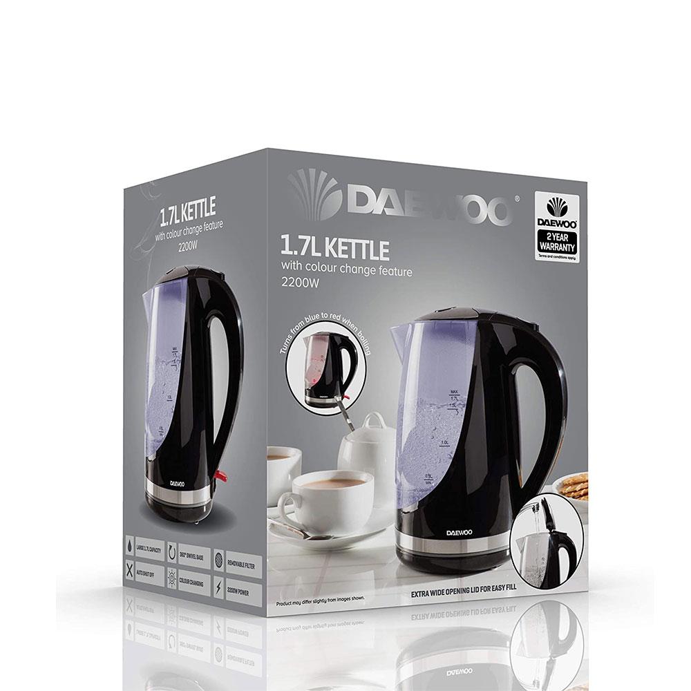 Daewoo Colour Changing Jug Kettle Stainless Steel 3000 W 1.7 Litre - Black