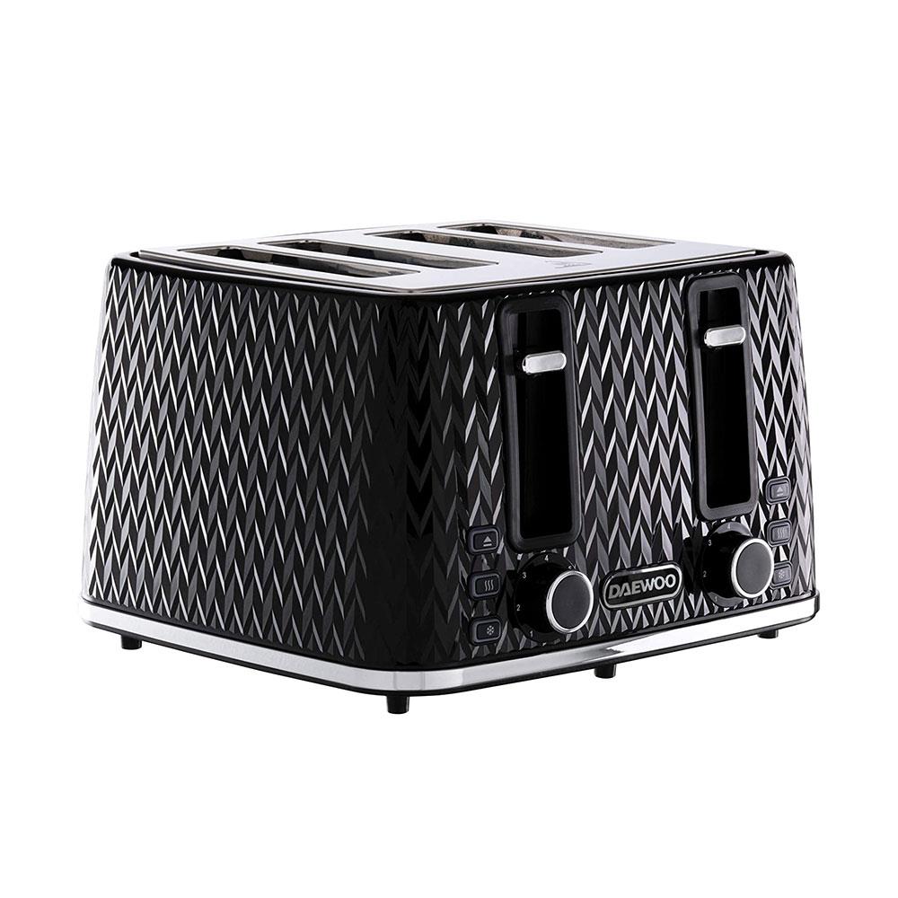 Daewoo Argyle 4 Slice Toaster With Reheat Cancel And Defrost Functions 1600 W - Black