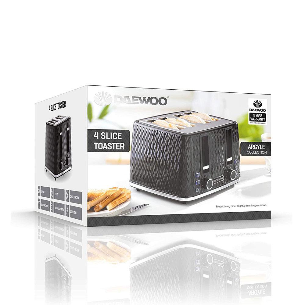 Daewoo Argyle 4 Slice Toaster With Reheat Cancel And Defrost Functions 1600 W - Black