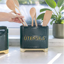 KitchenCraft Lovello Retro Utensil Holder With Geometric Textured Finish - Hunter Green