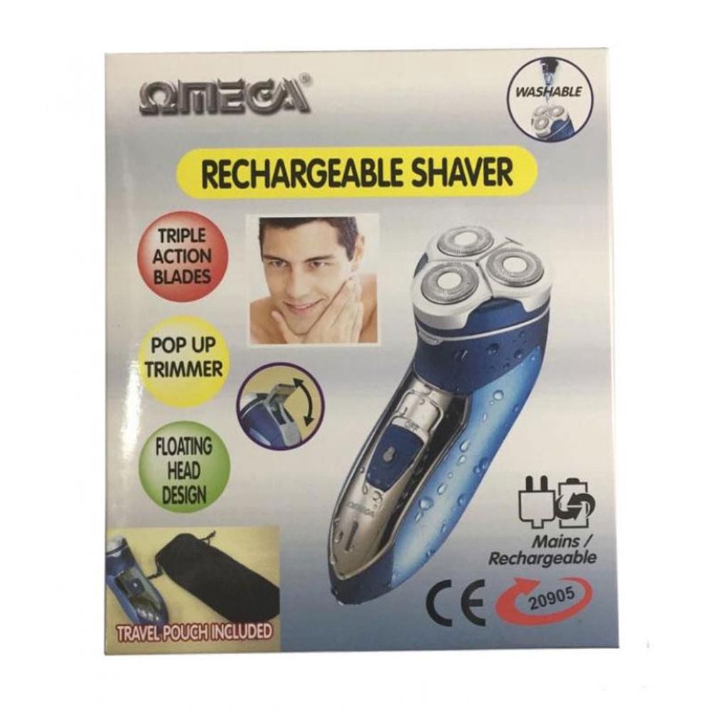 Omega Corded And Cordless Rechargeable Men's Shaver And Pop-up Trimmer Washable Floating 3 Head - Blue