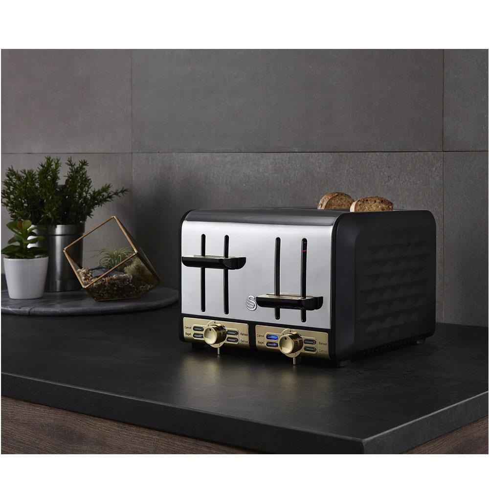 Swan Gatsby 4 Slice Toaster Diamond Pattern Design 1850 W - Black And Gold