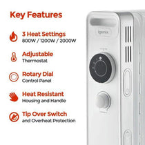 Igenix 9 Fin Oil Filled Radiator With 3 Heat Settings And Overheat Protection 2000W - White