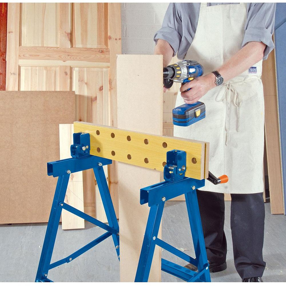 Draper Tilt And Clamp Fold Down Workbench 600mm With Dual Clamping Action And 24 Holes - Blue