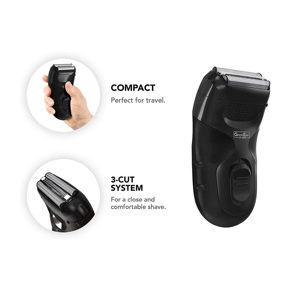 Wahl GroomEase Travel Shaver Durable Foil Guard 3-Cut System Battery Operated - Black