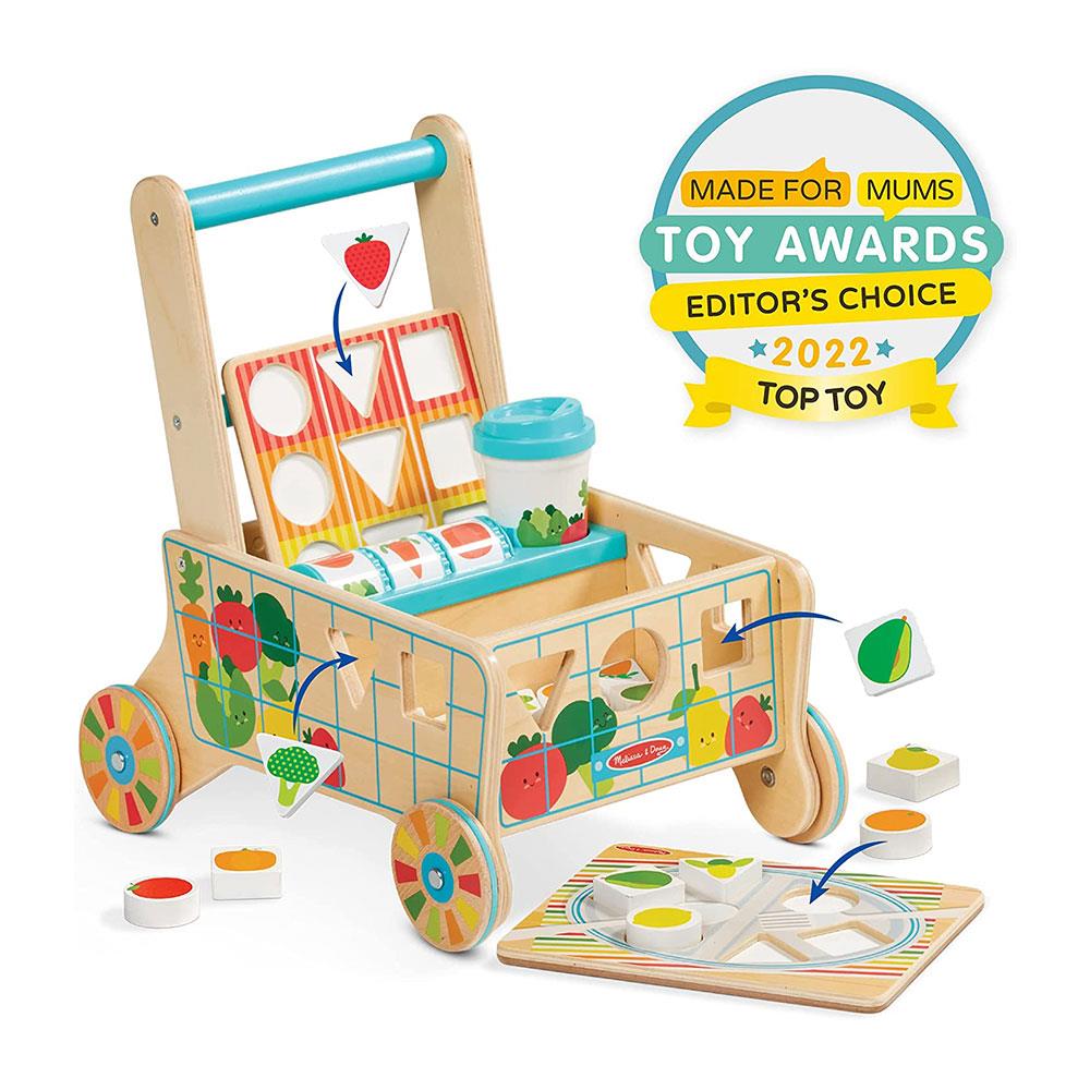 Melissa & Doug Wooden Shape Sorting Grocery Cart Push Toy And Puzzles - Multicolour