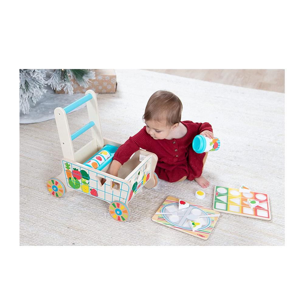 Melissa & Doug Wooden Shape Sorting Grocery Cart Push Toy And Puzzles - Multicolour