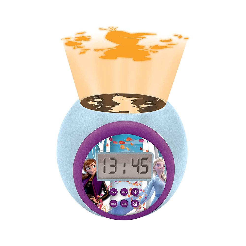Lexibook Disney Frozen II Anna Elsa Childrens Projector Clock With Night Light Timer Snooze Alarm - Blue/Purple/Black