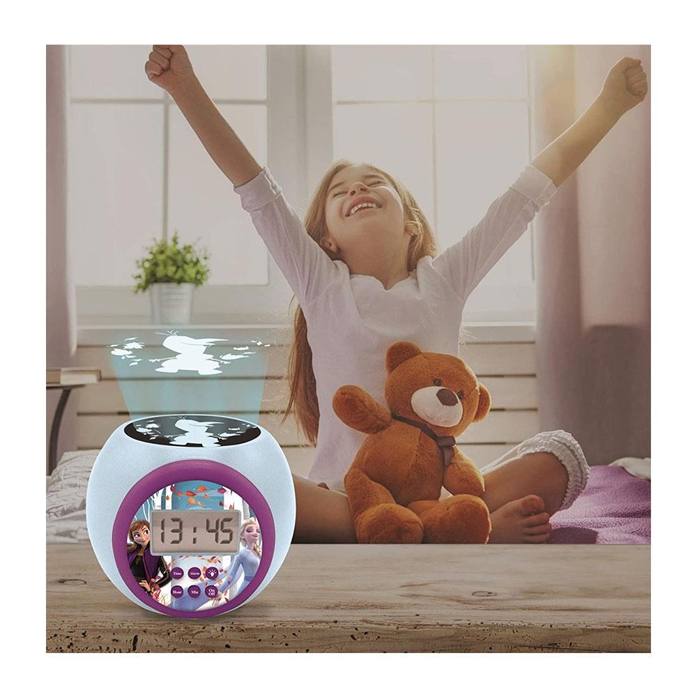 Lexibook Disney Frozen II Anna Elsa Childrens Projector Clock With Night Light Timer Snooze Alarm - Blue/Purple/Black