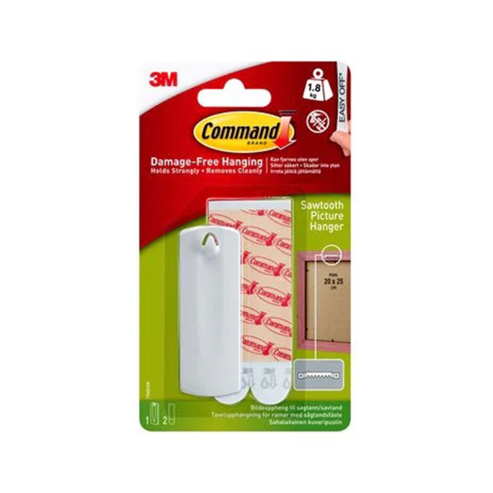 3M Command Sawtooth Picture Hanger Large 1 Hanger 2 Large Strips 1.8kg White 17040 Damage-Free Wall Hanging System Main image