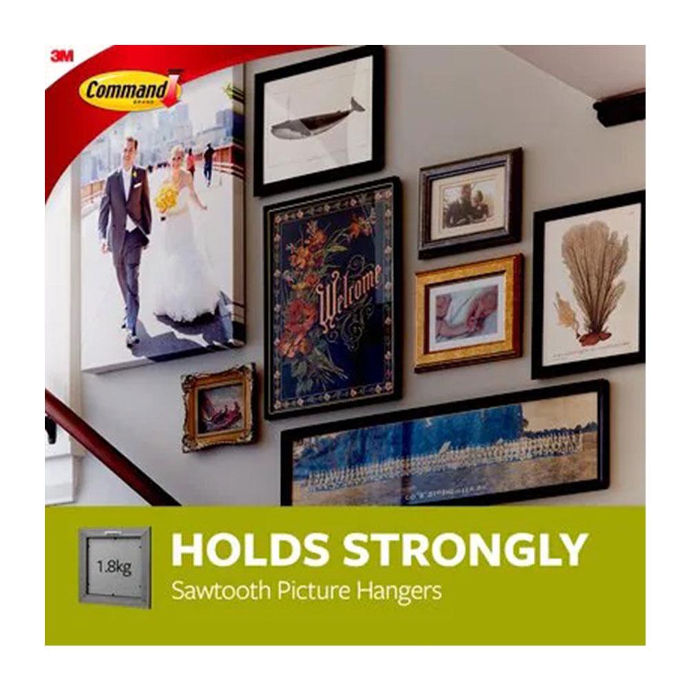 3M Command Sawtooth Picture Hanger Large 1 Hanger 2 Large Strips 1.8kg White 17040 Damage-Free Wall Hanging System