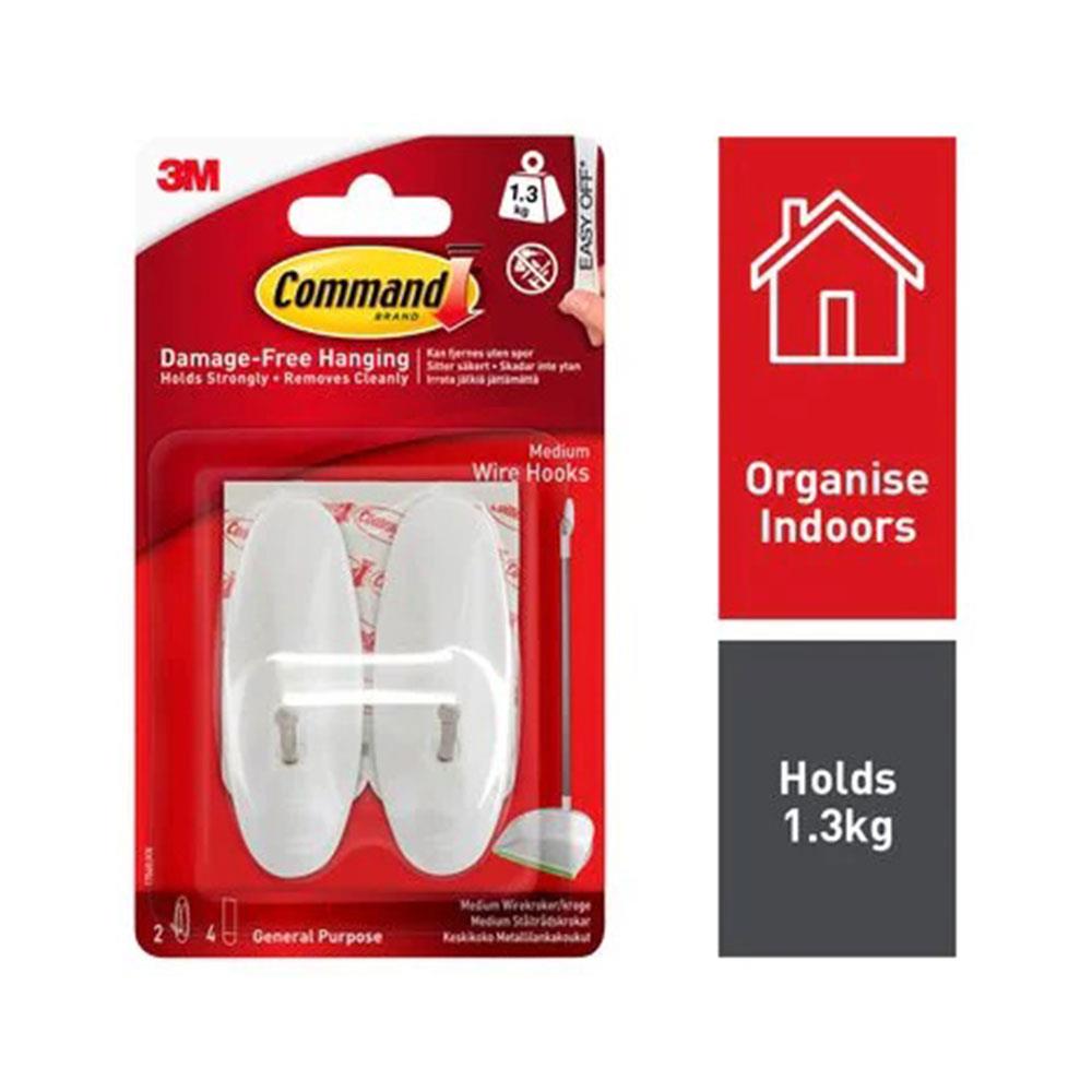 3M Command Medium Wire Hooks 1.3kg White 2 Hooks 4 Strips
