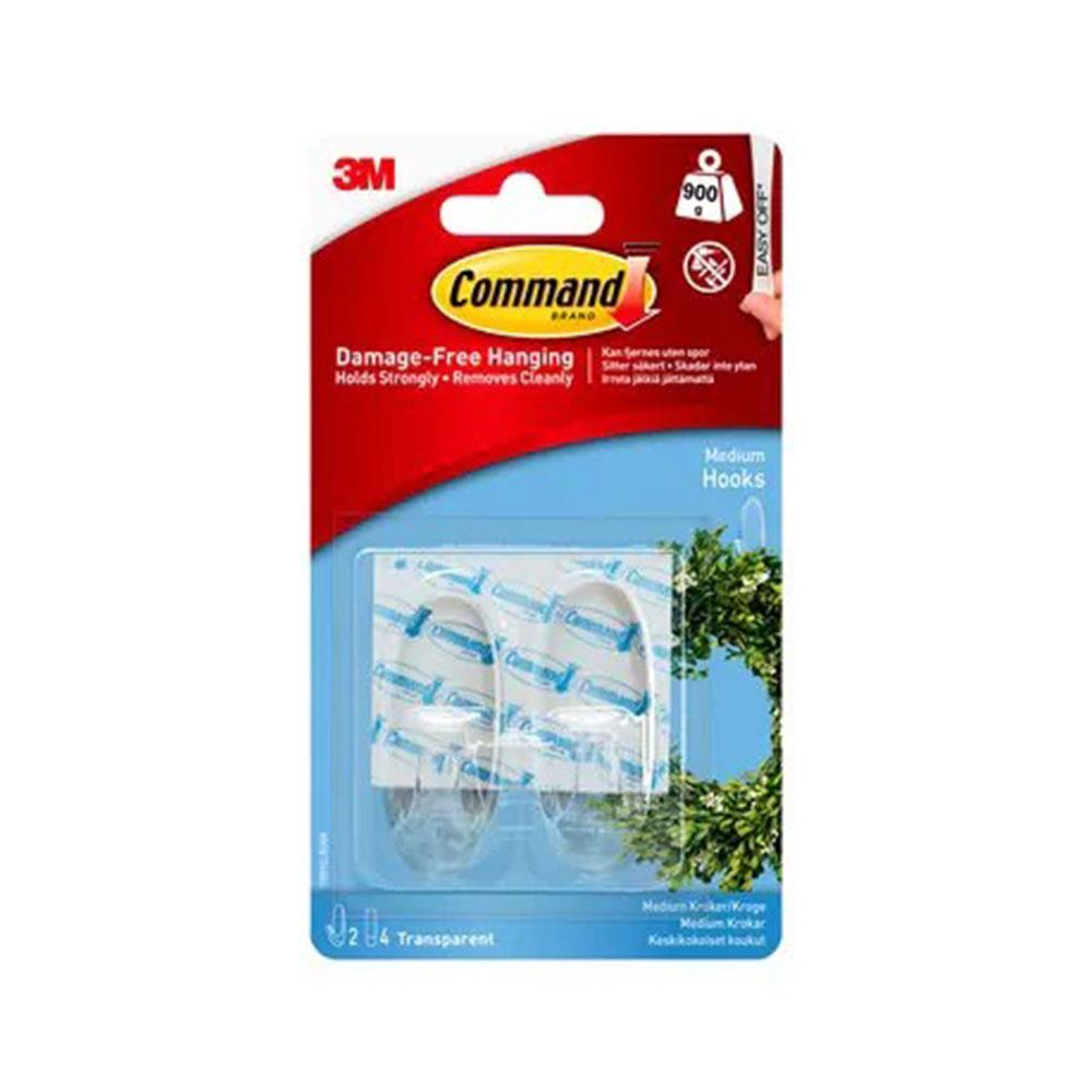3M Command Hooks Clear Medium 2 Hooks 4 Strips 900g Holding Power 17091CLR