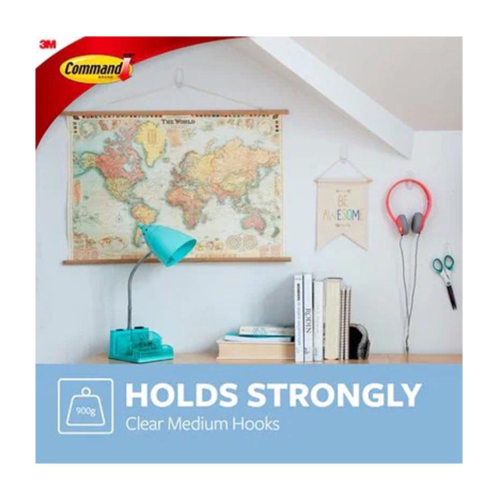 3M Command Hooks Clear Medium 2 Hooks 4 Strips 900g Holding Power 17091CLR