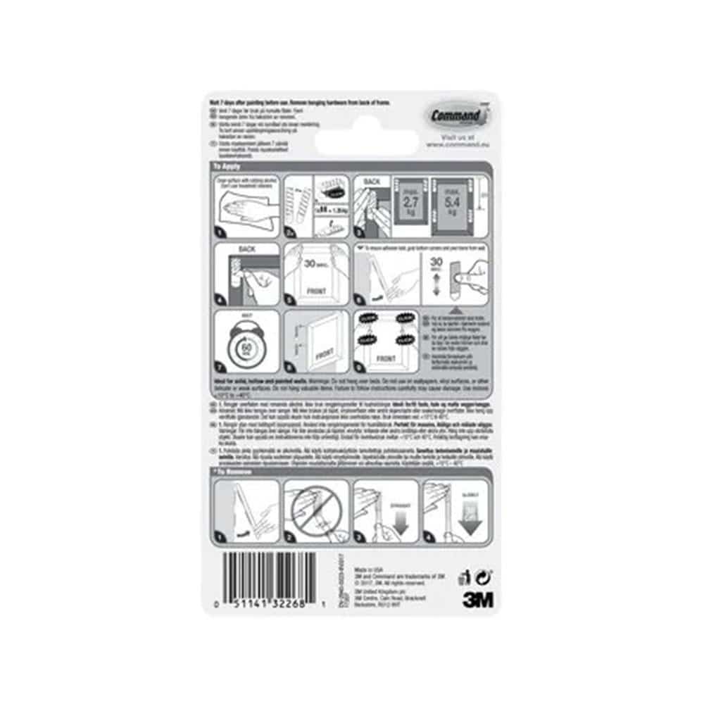 3M Command Picture Hanging Strips Narrow 4 Sets of Narrow Strips 5.4kg Holding Power - White