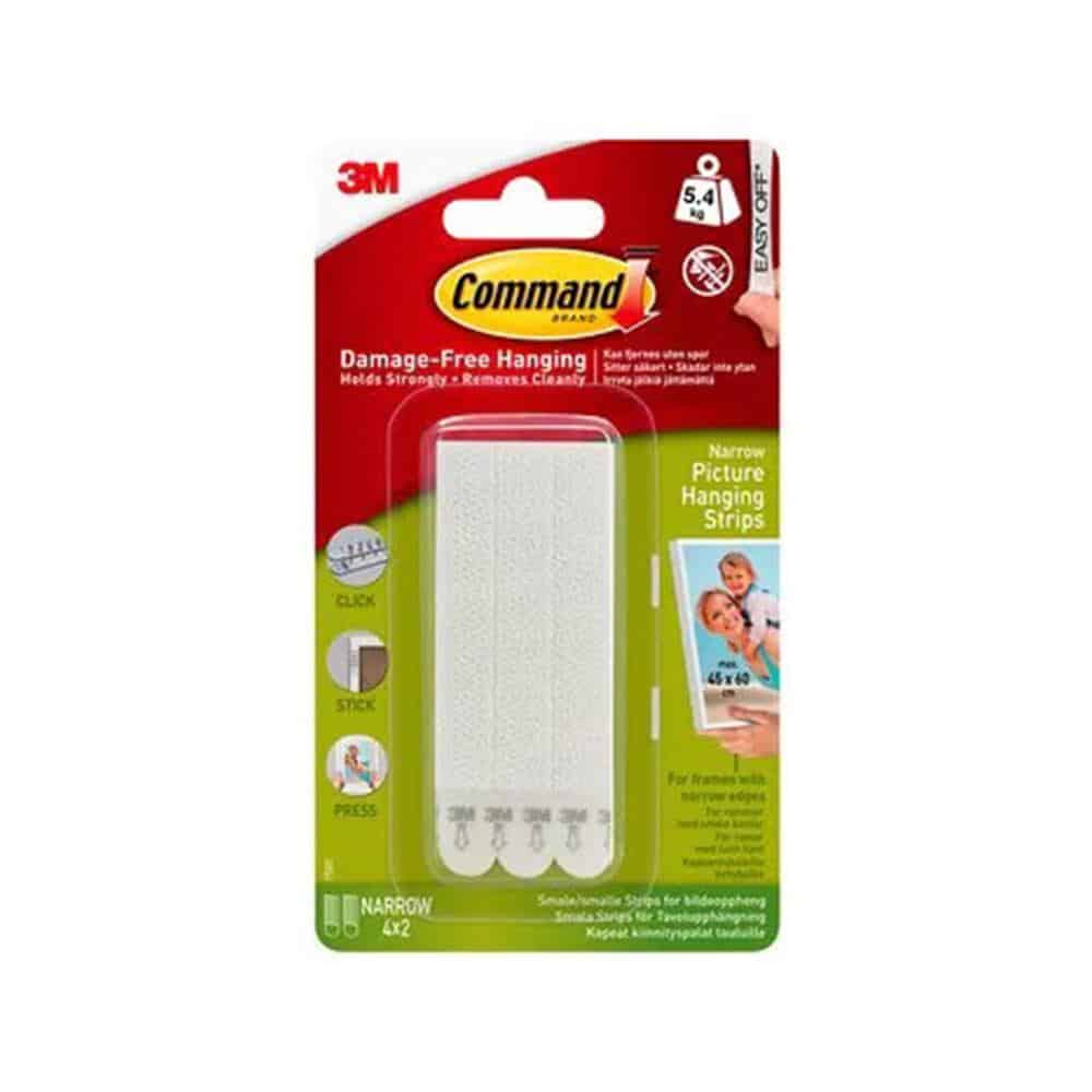 3M Command Picture Hanging Strips Narrow 4 Sets of Narrow Strips 5.4kg Holding Power - White